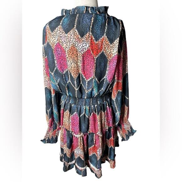 Mulla Long Sleeve Multicolor Animal Print Mini tiered Dress Medium Pink & Blue - Picture 4 of 15